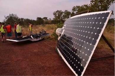 Tilting the array toward the setting sun to charge the battery pack.