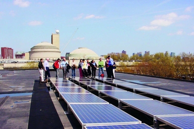 These solar panels on the roof of the Student Center were among the MIT installations examined by students in Fundamentals of Photovoltaics. By analyzing years of energy output data, the student team detected unexpected losses of efficiency, thereby identifying steps that MIT can take to improve PV performance.