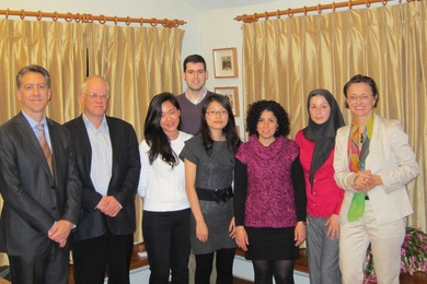 Pictured left to right: Dean of Engineering Ian Waitz, Jim Larson (Xerox), Hallie Sue Cho, Jameson Toole, Yi Liu, Michal Rabani, Marzyeh Ghassemi, Sophie Vandebroek (Xerox).