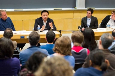 2011–12 Knight Fellows Alister Doyle, Hepeng Jia, Eli Kintisch and Joyce Murdoch speak on a panel about science communication. 