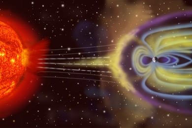 An artist's rendition of Earth's magnetosphere. A magnetic tail, or magnetotail, is formed by pressure from the solar wind on a planet's magnetosphere.