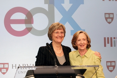 Harvard President Drew Faust and MIT President Susan Hockfield after delivering remarks at the press conference unveiling edX, the two universities' new joint online-education effort.
