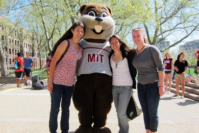 How do you know you're at MIT? You see a six-foot-tall beaver welcoming you to campus. Here, MIT's mascot, Tim the Beaver, welcomes prefrosh Marlena Ohl, Isabel Crystal and Ellie Laukaitis.
