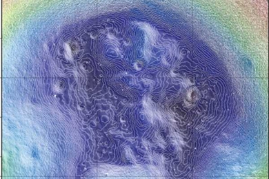 High-resolution map showing the topography in the interior of Shackleton crater as observed by the Lunar Orbiter Laser Altimeter.  Contours of elevation are plotted every 5 meters (16.5 feet). Colors show relative elevation with purple lowest and yellow highest. The crater is 4.1 kilometers (2.6 miles) deep. The spatial resolution of the topography is 10 meters and the radial accuracy is <1 meter.