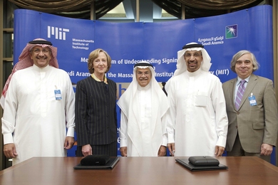 Gathering for the official signing of the MOU between Saudi Aramco and MIT were, from left, Abdullatif A. Al-Othman, Susan Hockfield, Ali I. Al-Naimi, Khalid A. Al-Falih and Ernest Moniz.