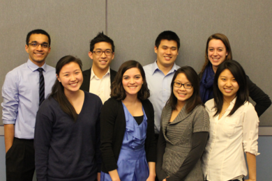 A dynamic group of MIT undergraduates with diverse leadership experiences forms Four Consulting, including (from left to right) Shreesh Naik, Allison Park, Carter Chang, Paula Gonzalez, Albert Kao, Moya Chin, Sarah Simon and Ruisi Shang.