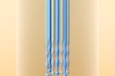 This illustration shows how a molten fiber, because of a phenomenon known as Rayleigh instability, naturally breaks up into spherical droplets. Researchers from MIT and UCF have figured out how to use this natural tendency as a way to make large quantities of perfectly uniform particles, which can have quite complex structures.