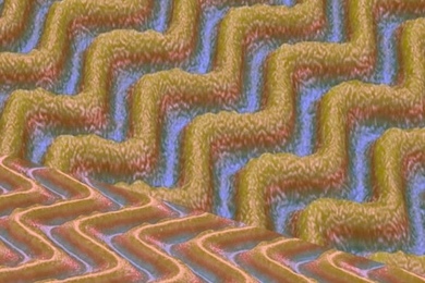 Images taken with a 3-D microscope show wrinkled surfaces produced using a method developed by the MIT team. The size, spacing and angles of the wrinkles vary depending on how much the original underlying surface was stretched, and how the stretching was released.