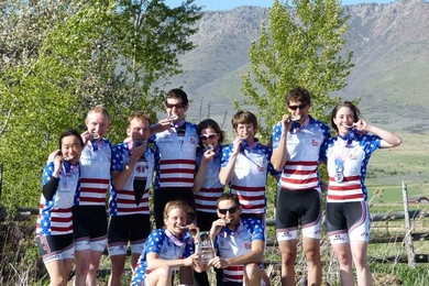 The victorious members of the MIT Cycling Team bite into their gold medals after placing first in the 2012 USA Cycling Collegiate Road National Championships in Ogden, Utah. The MIT team has won national titles in various events over the past several years, establishing the club as a perennial powerhouse.
