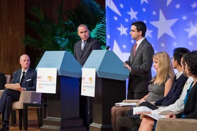 At the MIT Energy Initiative Presidential Energy Debate on Friday, Oct, 5 (from left): Moderator Jason Pontin, editor-in-chief and publisher of <i>Technology Review</i>; the participants, Joe Aldy, a professor at Harvard University’s Kennedy School of Government and former Obama administration official, and Oren Cass, policy director for Republican presidential candidate Mitt Romney; and panelis...