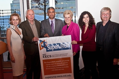 At the reception, Department of Electrical Engineering and Computer Science Head Anantha Chandrakasan introduced some of the key players in the implementation of SuperUROP. The speakers, from left to right, included Dr. Erika N. Angle '04, who with her husband, Colin A. Angle '89, SM '91 (not pictured), support SuperUROP; Analog Devices Chairman and Co-Founder, Ray Stata '57, SM '58;  Chandrakasan...
