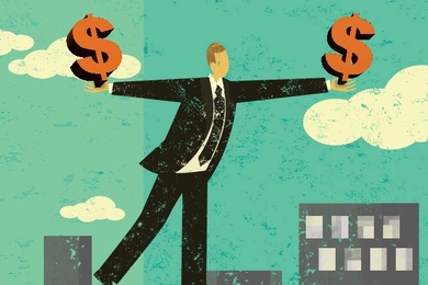 Illustration of a man on a high wire who holds dollar signs in each hand