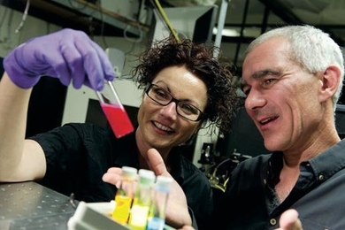 Dörthe M. Eisele of the Research Laboratory of Electronics (left) and Moungi G. Bawendi of chemistry are investigating fundamental processes in light-harvesting nanotubes and quantum dots with a goal of one day developing a completely new approach to collecting energy from the sun.