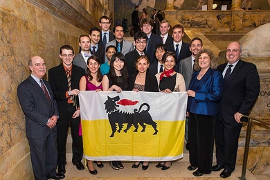 (From left): MITEI Deputy Director Bob Armstrong, Education Director Amanda Graham and Eni representative Nicola De Blasio with Eni-supported students.