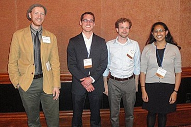 From left: Eric Hittinger, the USAEE case competition coordinator, poses with MIT students Michael Craig, Michael Davidson and Ashwini Bharatkumar.