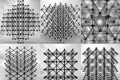 Assemblies of the cellular composite material are seen from different perspectives, showing the repeating "cuboct" lattice structure, made from many identical flat cross-shaped pieces.