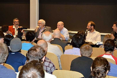 From left: Oliver Morton, Alan Robock, Daniel Schrag, David Keith and Stephen Gardiner