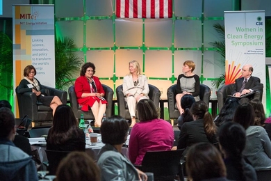Energy Technology and Innovation panel, moderated by MITEI Director Robert Armstrong. Featuring (from left): Renata Mele of the Enel Foundation; Alla Weinstein of Principle Power, Inc.; Marilyn Brown from the Georgia Institute of Technology; and Cheryl Martin of ARPA-E.