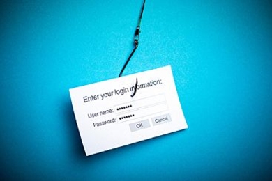 A login card with username and password filled in hangs on a fish hook.
