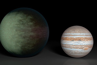 Kepler 7b (left), which is 1.5 times the radius of Jupiter (right), is the first exoplanet to have its clouds mapped. The cloud map was produced using data from NASA's Kepler and Spitzer space telescopes.