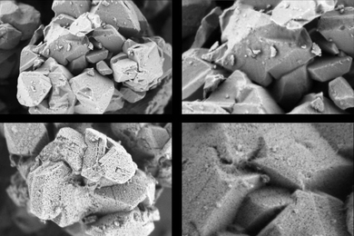 The above image shows (top) two micrographs at different magnifications of a standard "Y Type" zeolite with micropores, and (bottom) two micrographs at different magnifications of the same zeolite that has been given mesopores (much larger holes) through Rive Technology's Molecular Highway product.  