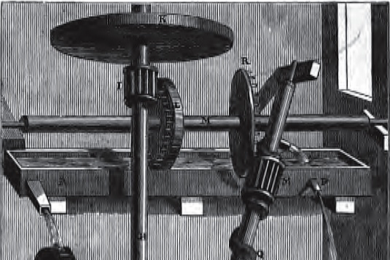 A 1660 wood engraving of Robert Fludd's 1618 "water screw" perpetual motion machine, widely credited as the first recorded attempt to describe such a device for useful work. 