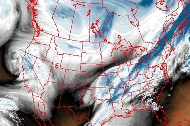 National Weather Service National Headquarters satellite image, showing the Feb. 2 afternoon image of the water vapor content of atmosphere over the United States, from National Oceanic and Atmospheric Administration geostationary satellites. Bright colors: High water content.