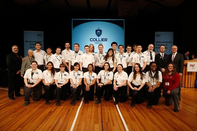 Members of the student led MIT Emergency Medical Services team were the recipients of this year's first annual Collier Medal, presented as a commemoration of the service of MIT Police Officer Sean Collier, who gave his life in the line of duty last year. MIT President L. Rafael Reif, who presented the award, is at far right, and MIT Police Chief John DiFava is at far left.