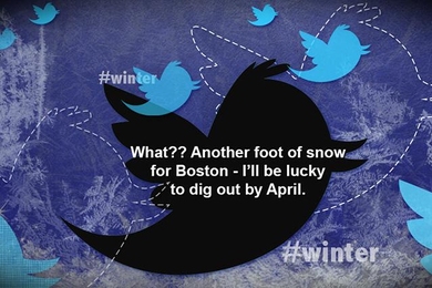 Twitter bird logo is in center with text, "What?? Another foot of snow for Boston - I'll be lucky to dig out by April" and "#Winter" on bottom right corner. Dashed outline and blue versions of the logo appear in the background in various sizes. 