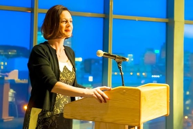 Associate Dean for Innovation Fiona Murray gives the opening remarks at the MIT REAP dinner. 