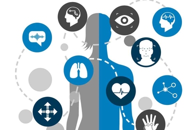 Collage with silhoutte of a human figure, overlain with circles containing different symbols