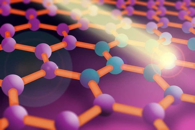Illustration of a sheet of graphene with light coursing through the honeycomb of atoms