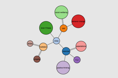 mulitcolored circles connected by lines, each cirlcle with a label such as "social wellbeing," "brain fitness," "sleep"