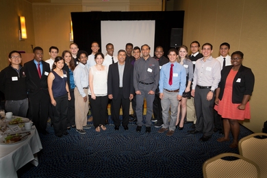 Alumni of three SanDisk-supported MIT high school programs – Minority Introduction to Engineering and Science (MITES), Engineering Experience at MIT (E2@MIT), and MIT Online Science, Technology and Engineering Community (MOSTEC) – and recipients of undergraduate SanDisk scholarships joined SanDisk CEO Sanjay Mehrotra (center left), SanDisk Senior Vice President Manish Bhatia (center right), an...
