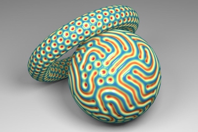 MIT researchers have developed a mathematical equation that predicts how surface patterns form on curved objects. Pictured is a sphere with a combination of hexagons and labyrinthine patterns, and a more complex, torus-shaped object with hexagonal dimples.