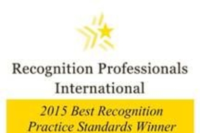 Text that reads "Recognition Professionals International - 2015 Best Recognition Practice Standards Winner"