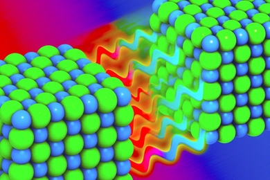 This illustration depicts phonons "tunneling" from one lattice of sodium chloride to another. New research shows that phonons can reach across a gap as small as a nanometer, “tunneling” from one material to another to enhance heat transport. 