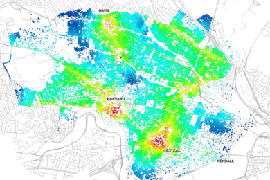 With the new Urban Network Analysis software plugin from the MIT-Singapore International Design Center, architects and urban planners can describe spatial patterns of cities using mathematical network analysis methods. Here, a screen shot from the plugin shows accessibility to public transit (bus and metro) from individual buildings in Cambridge and Somerville, Massachusetts.
