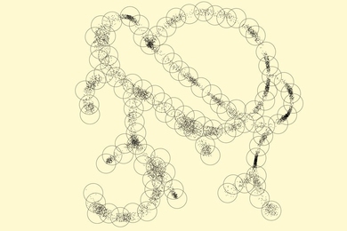 Illustration of points in an arbitrary high-dimensional space that live close to a one-dimensional, tree-like structure, as might arise from genomes generated by mutation and selection in evolution. Although high-dimensional at a fine scale, at the coarser scale of covering spheres, the data cloud looks nearly one-dimensional, which enables entropy scaling of similarity search.