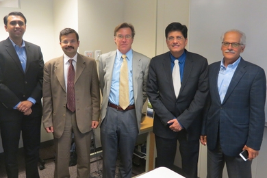 Honorable Minister Piyush Goyal (second from right), with (l-r) research scientist Santosh Shanbhogue, ministry associate Amitabh Prasad, Tata Center Director Rob Stoner, and Professor Ahmed Ghoniem.