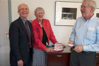 Bert Forbes holds a 3-D printed milk drop modeled after Doc Edgerton’s photo. Also pictured: J. Kim Vandiver and Candace Forbes.