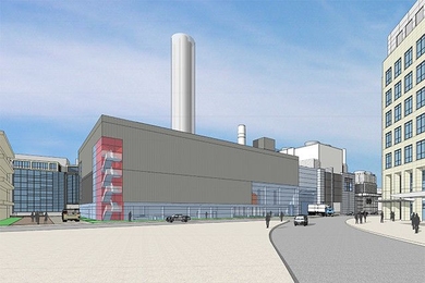 Conceptual sketch of the upgraded Central Utilities Plant, as viewed from Portland Street