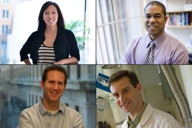 MIT faculty recipients of the 2016 Presidential Early Career Awards for Scientists and Engineers are: (clockwise from top left) Kay Tye, Cullen Buie, Tonio Buonassisi, and William Tisdale.