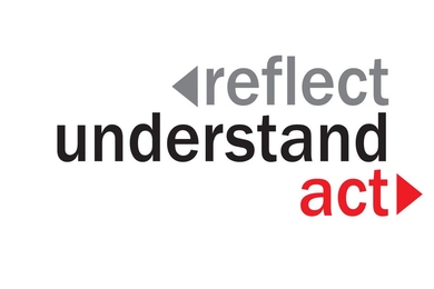 The words "reflect," "understand," and "act," with a left arrow next to "reflect" and a right arrow next to "act"