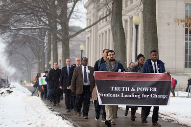 "Truth & Power: Students Leading for Change” began with a silent march starting at Lobby 7 and ending at Walker Memorial Hall. 