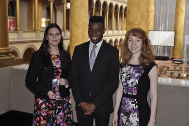 Sophia Yakoubov (left), holding her 20 Twenties trophy, was photographed with fellow MIT-affiliated honorees Samuel Udotong (center) and Jillian James at the annual Laureates Awards event held in Washington earlier this month. Kathrine Bretl, the other awardee from MIT, did not attend.