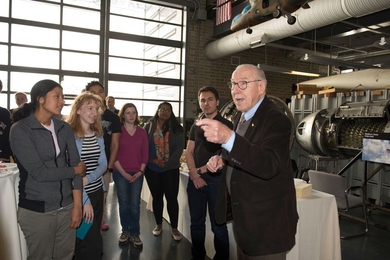 On Wednesday, James Lovell (right) spoke at MIT as a special guest, invited by the Department of Aeronautics and Astronautics. Lovell attended a pre-talk reception in AeroAstro’s Neumann Hangar. 