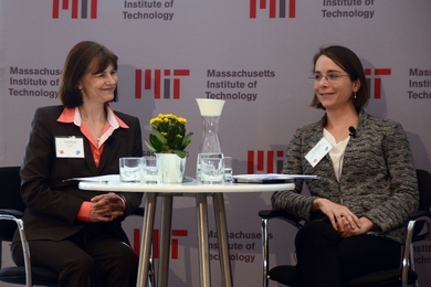 Andrea Campbell (left), head of the MIT Department of Political Science and the Arthur and Ruth Sloan Professor of Political Science, and Valerie Karplus, assistant professor of global economics and management, take part in a panel discussion at the Technology and Policy Program 40th anniversary event.