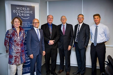 The Low Emission Roadmap Roundtable featured (left to right) Valérie Quiniou-Ramus, co-chair of the OGCI Low Emission Roadmap work stream and vice president at Total; Vidar Helgesen, minister of climate and the environment of Norway; John Reilly, co-director of the MIT Joint Program; Henry Jacoby, event moderator and MIT Joint Program co-director emeritus; Bjorn Otto Sverdrup, senior vice preside...