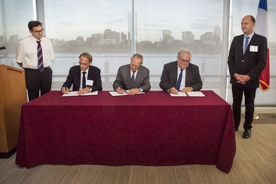 Left to right: MIT Professor Franz-Josef Ulm, Aix-Marseille University President Yvon Berland, MIT President L. Rafael Reif, French National Center for Scientific Research (CNRS) President Alain Fuchs, and CNRS research director and MIT senior research scientist Roland Pellenq at a signing ceremony extending a partnership behind MultiScale Material Science for Energy and Environment (MSE2), which ...